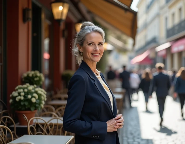 Femme élégante de plus de 60 ans souriant avec confiance sur une terrasse de café parisienne, style raffiné et attitude séduisante