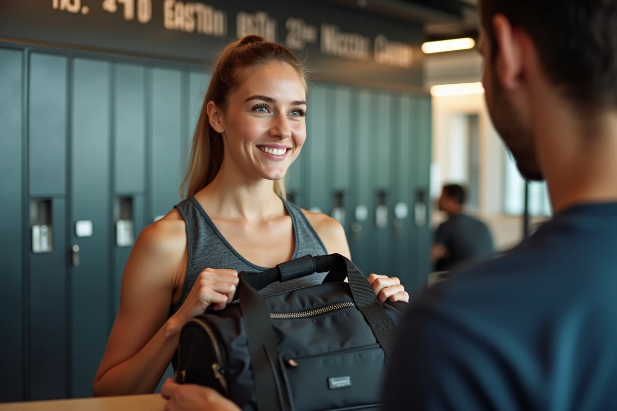 Jeune femme souriante recevant un sac de sport au gym