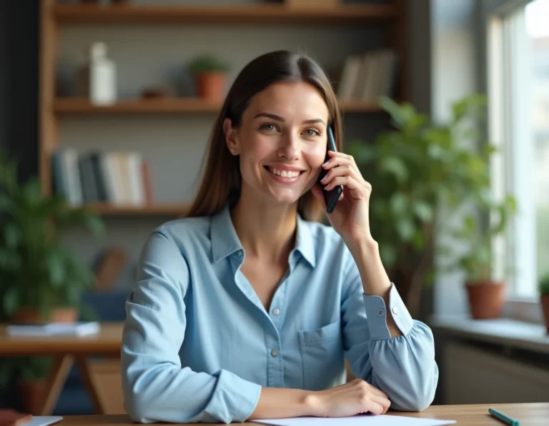 Femme au téléphone contactant le service client Bouygues avec le numéro 1064 depuis son bureau à domicile