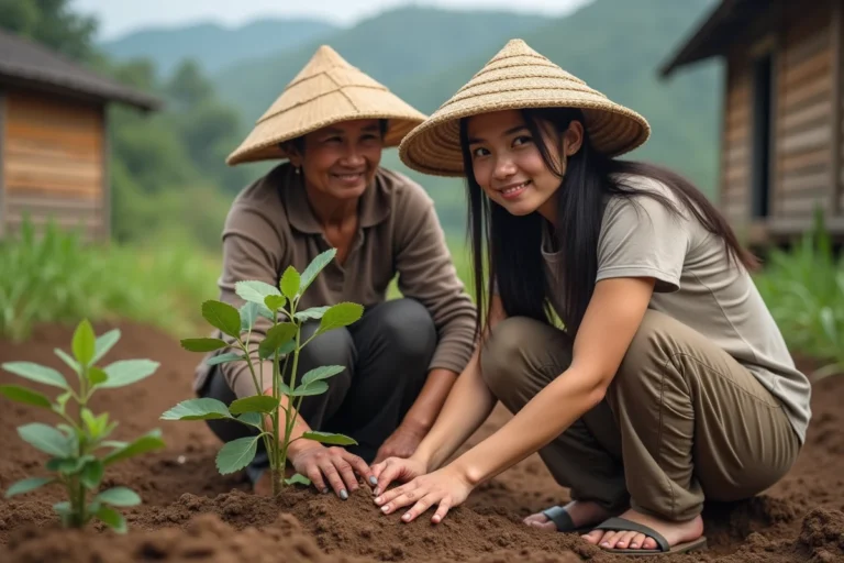 Jeune femme et femme âgée plantant des arbres dans un village