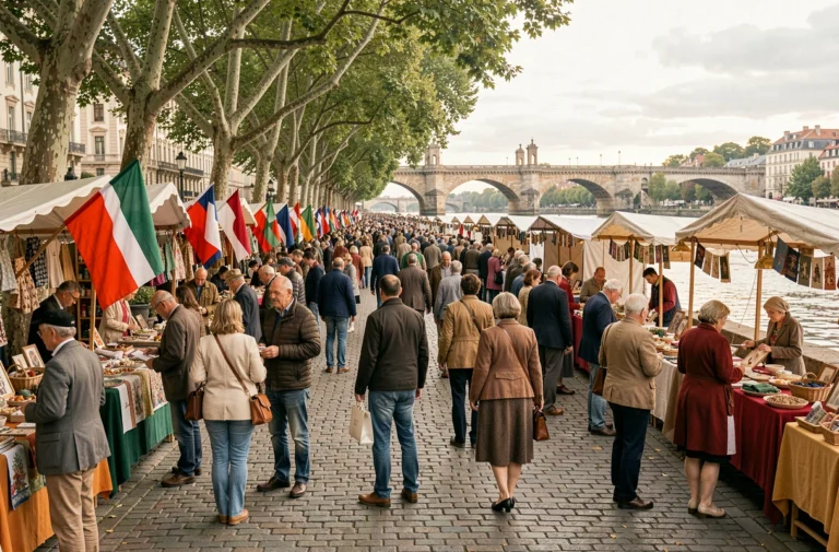 Foule animée lors d'un festival culturel au bord du Rhin avec des stands artisanaux et un pont historique en arrière-plan