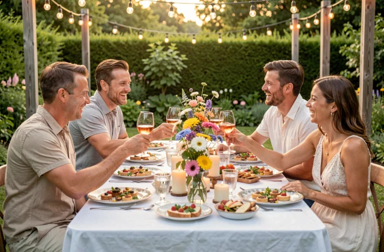 Groupe d'amis riant autour d'une table décorée lors d'une fête en plein air dans un jardin fleuri