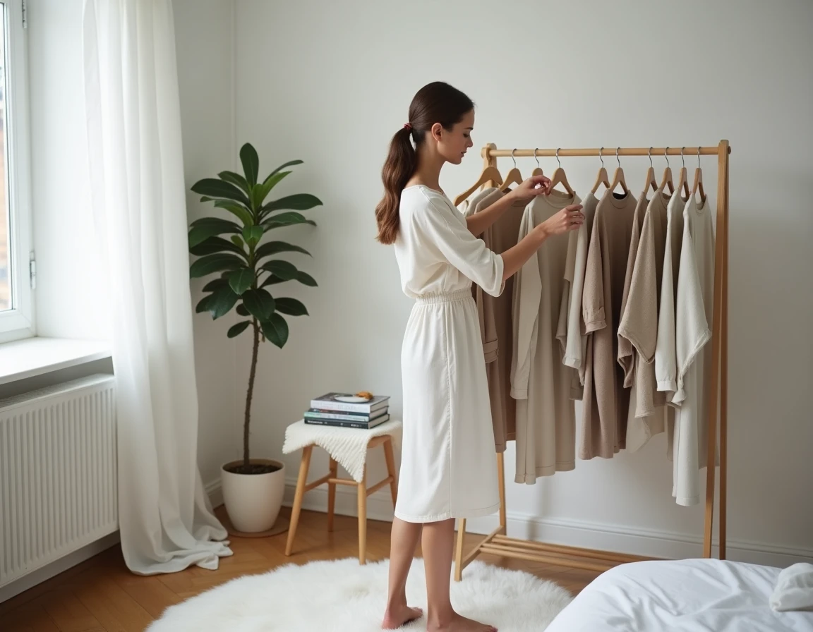 Jeune femme composant une garde-robe capsule éthique sur un portant dans un appartement minimaliste