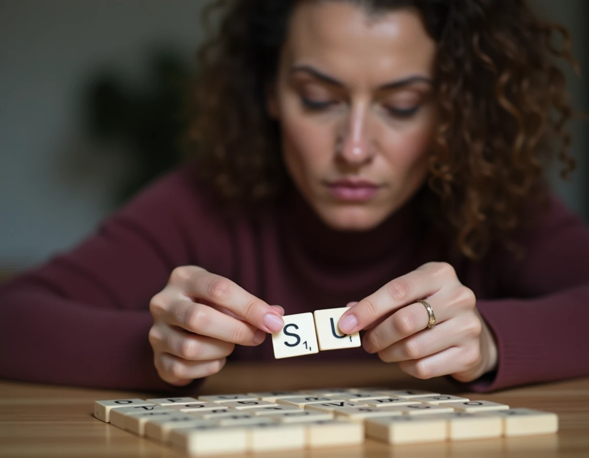 Une femme tenant précieusement une tuile blanche et une tuile S de Scrabble pour les réserver aux coups décisifs