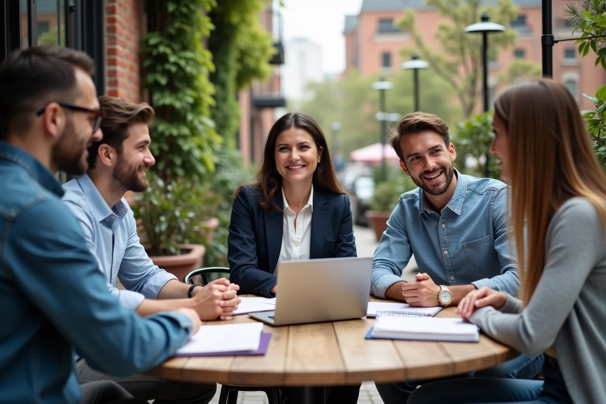 Groupe de jeunes entrepreneurs discutant en terrasse de café
