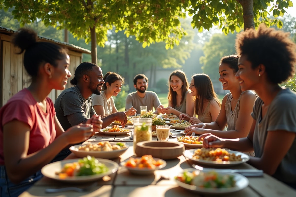 Groupe de volontaires partageant un repas dans un jardin communautaire