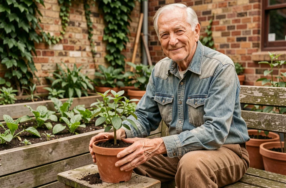 Homme âgé dans un jardin communautaire urbain tenant une plante en pot, représentant la résilience et la renaissance après l'adversité