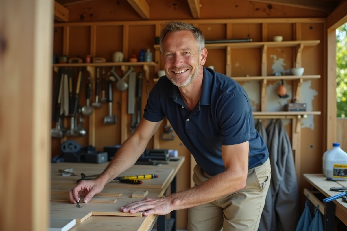 Homme en pantalon kaki installe des étagères dans un atelier extérieur ensoleille