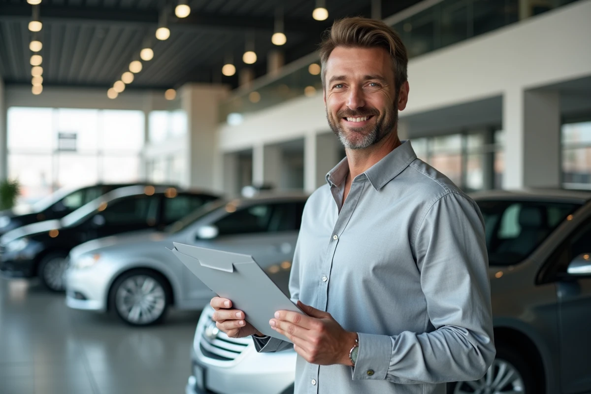 Homme tenant des documents de carte grise devant une voiture en leasing dans une concession automobile