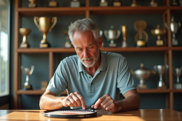 Homme d'âge moyen examinant la raquette de tennis avec attention