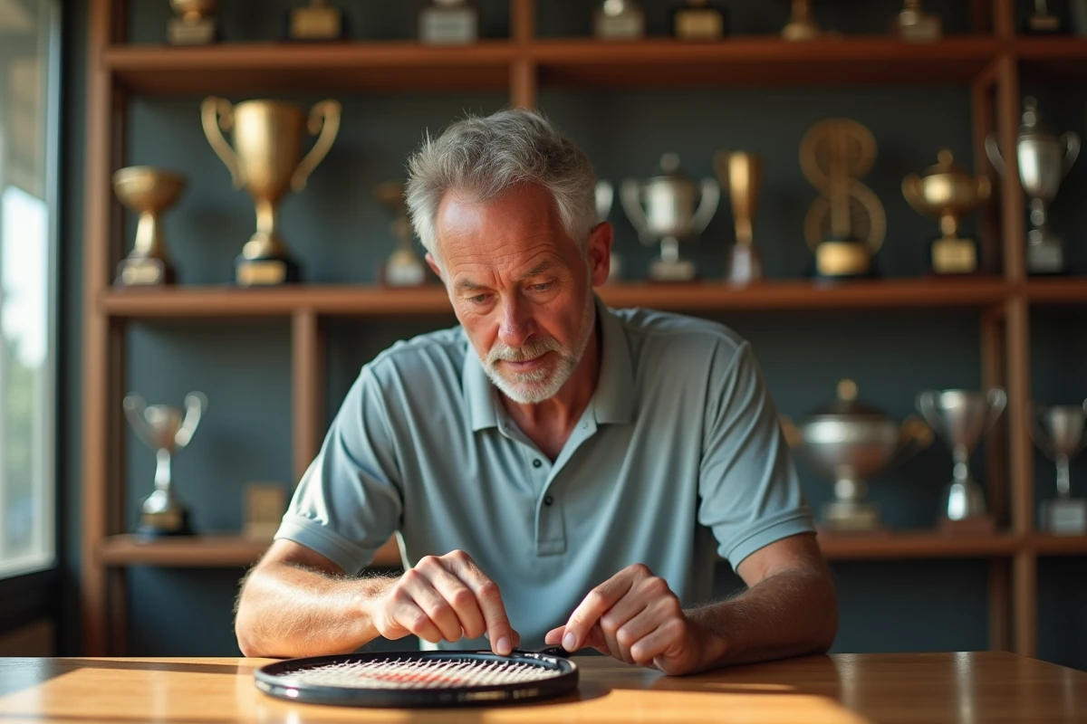 Homme d'âge moyen examinant la raquette de tennis avec attention