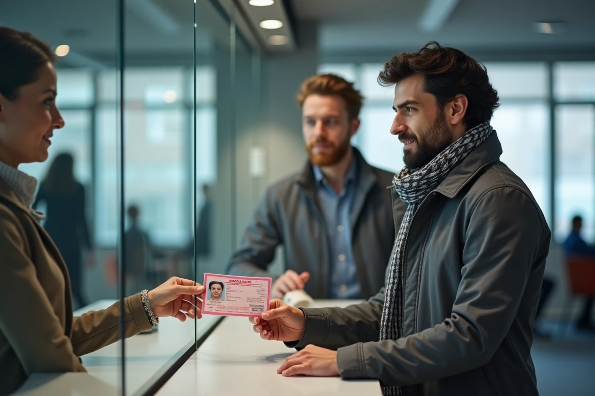 Jeune homme français remettant son permis de conduire à un agent