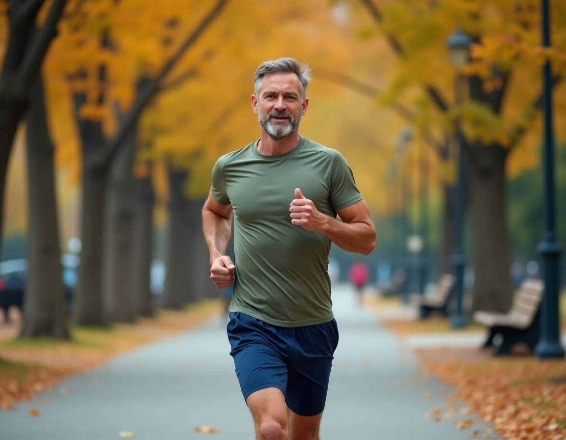 Homme en train de courir dans un parc urbain en automne dans le cadre d'un programme minceur sain et durable