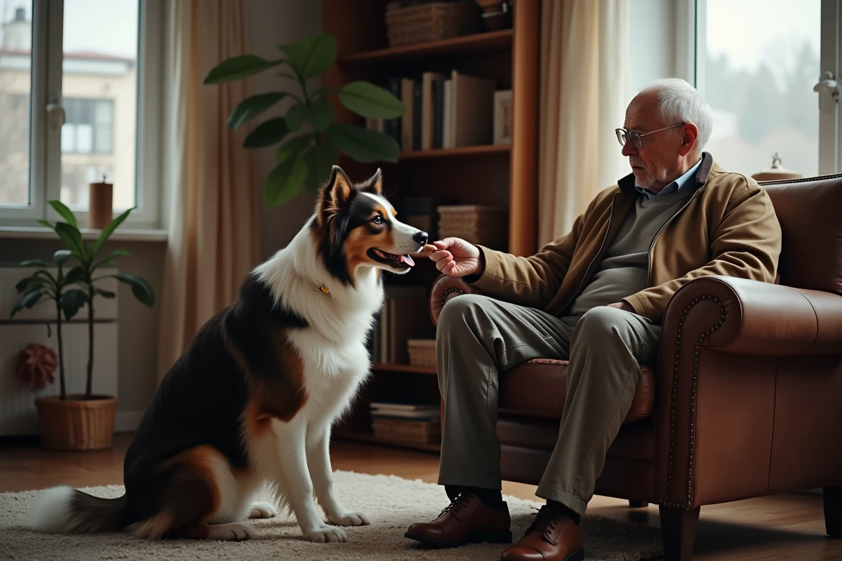 Homme récompensant un border collie en intérieur