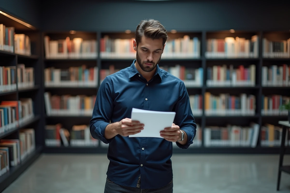 Homme relisant attentivement un document imprimé dans une bibliothèque moderne, évoquant la correction orthographique et la maîtrise de l'expression écrite aie confiance en toi