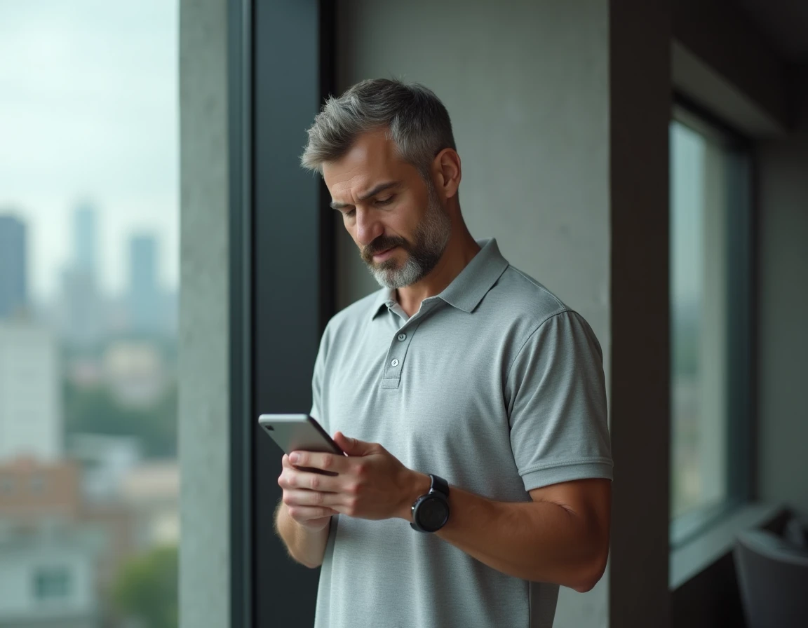 Homme consultant son smartphone pour appeler le numéro gratuit 1064 du service client Bouygues Telecom