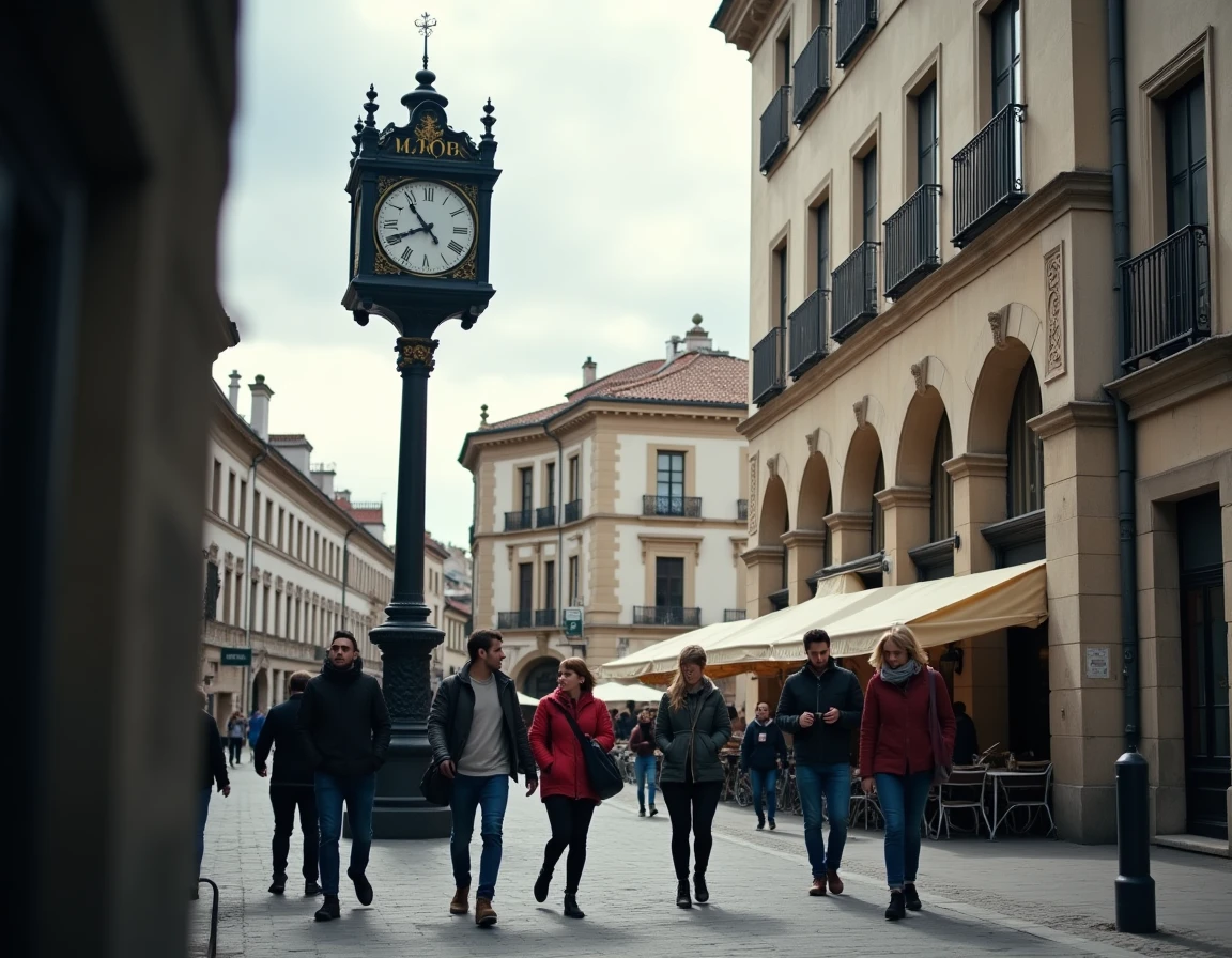 Tour d'horloge publique dans une place européenne affichant midi, passants vérifiant l'heure illustrant la notion de 12 PM