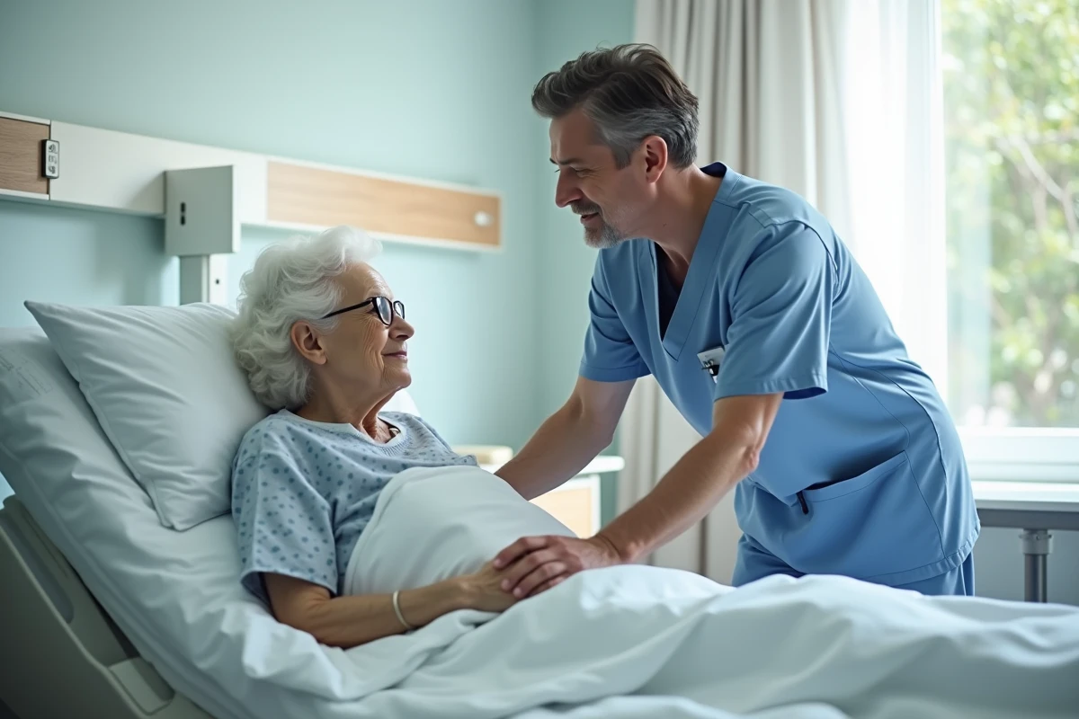 Infirmier repositionne une personne agee dans un lit d'hopital