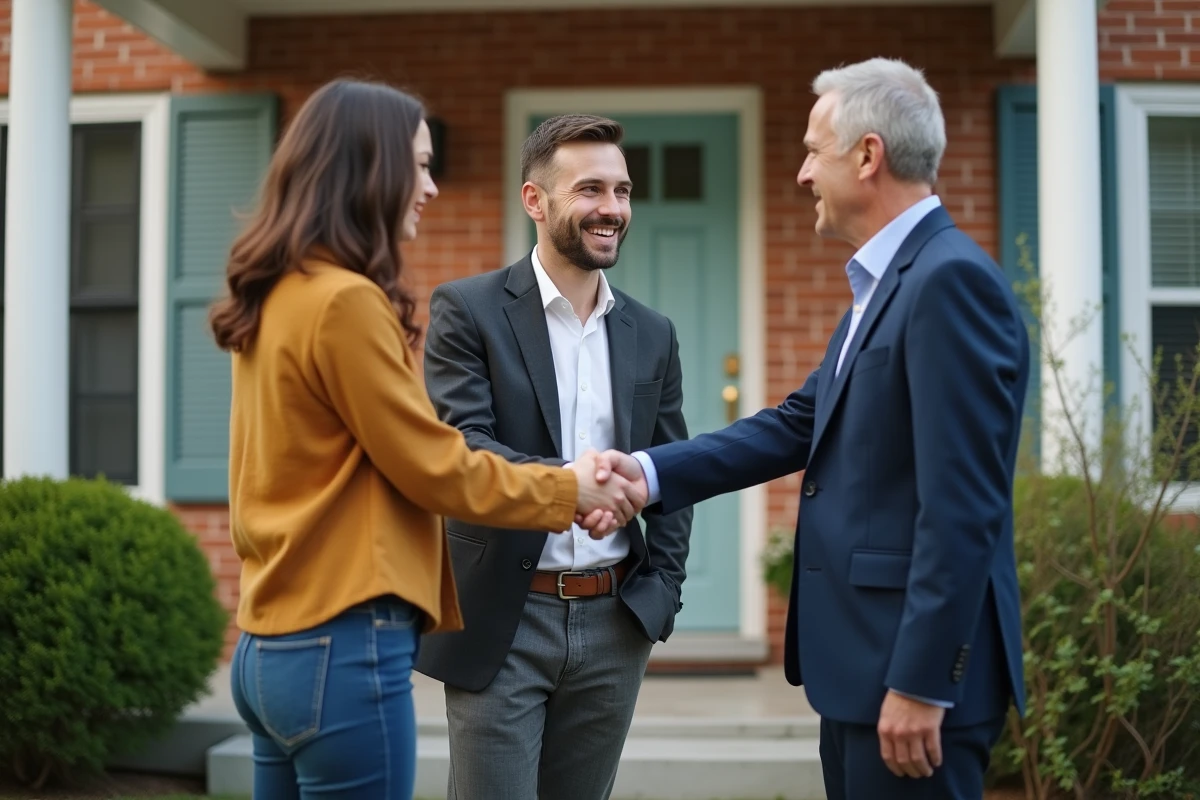 Jeune couple souriant devant leur nouvelle maison