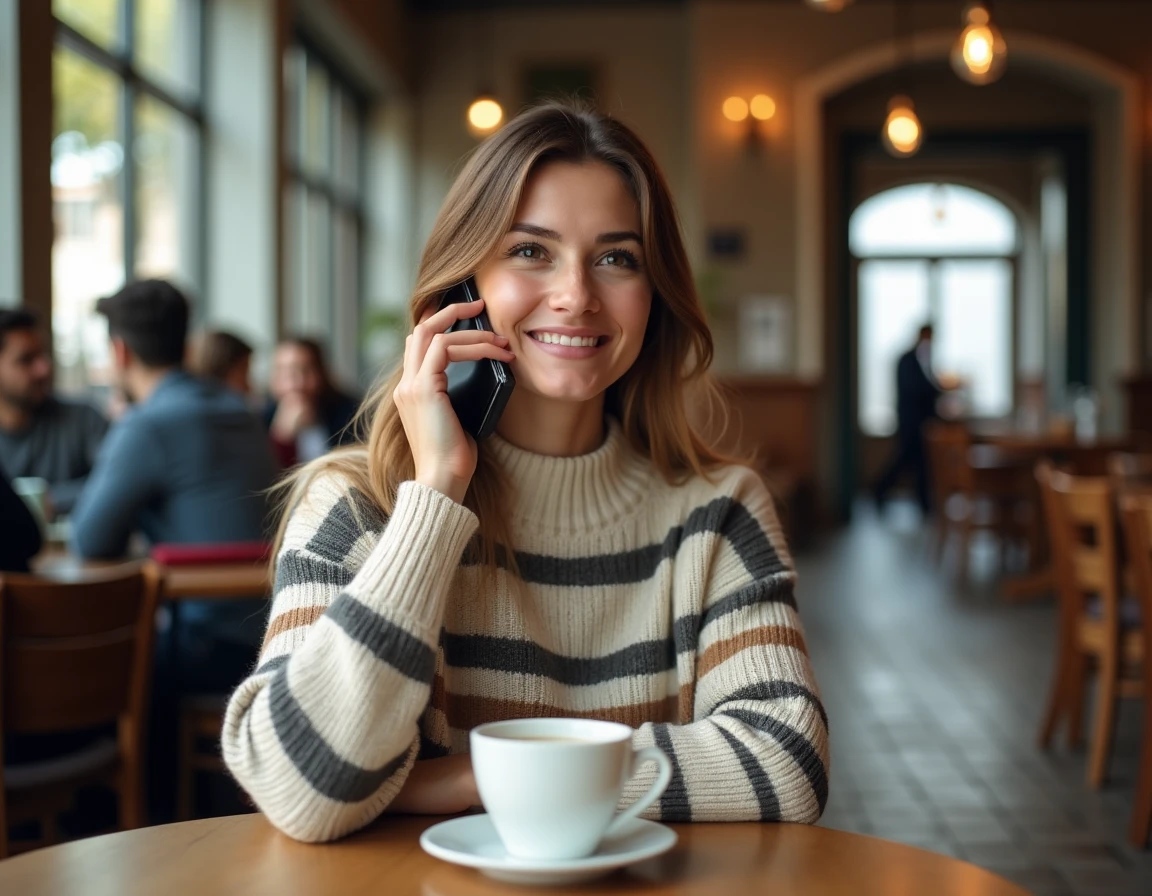 Jeune femme en train d'appeler le service client Bouygues numéro 1064 depuis un café