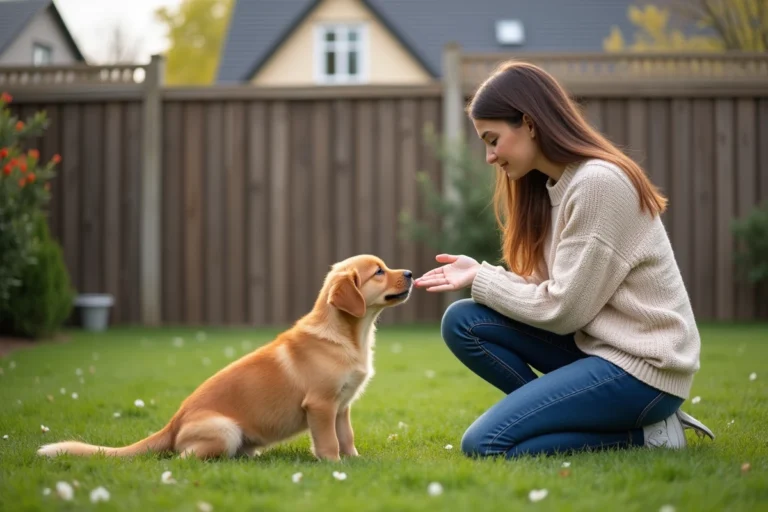 Jeune femme avec un chiot golden retriever dans le jardin