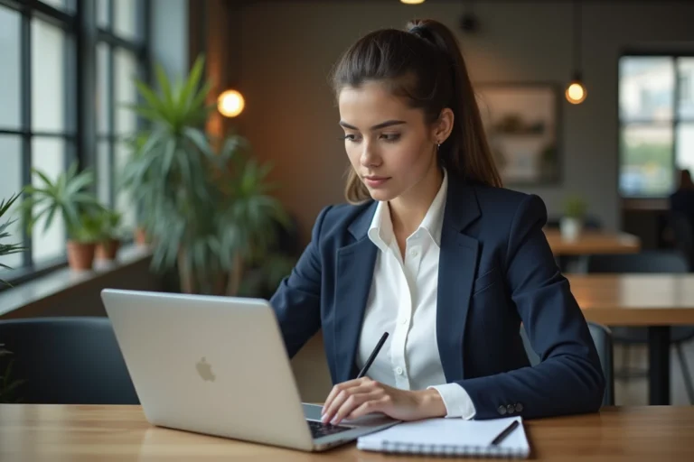 Jeune femme concentrée travaillant sur son ordinateur dans un espace coworking
