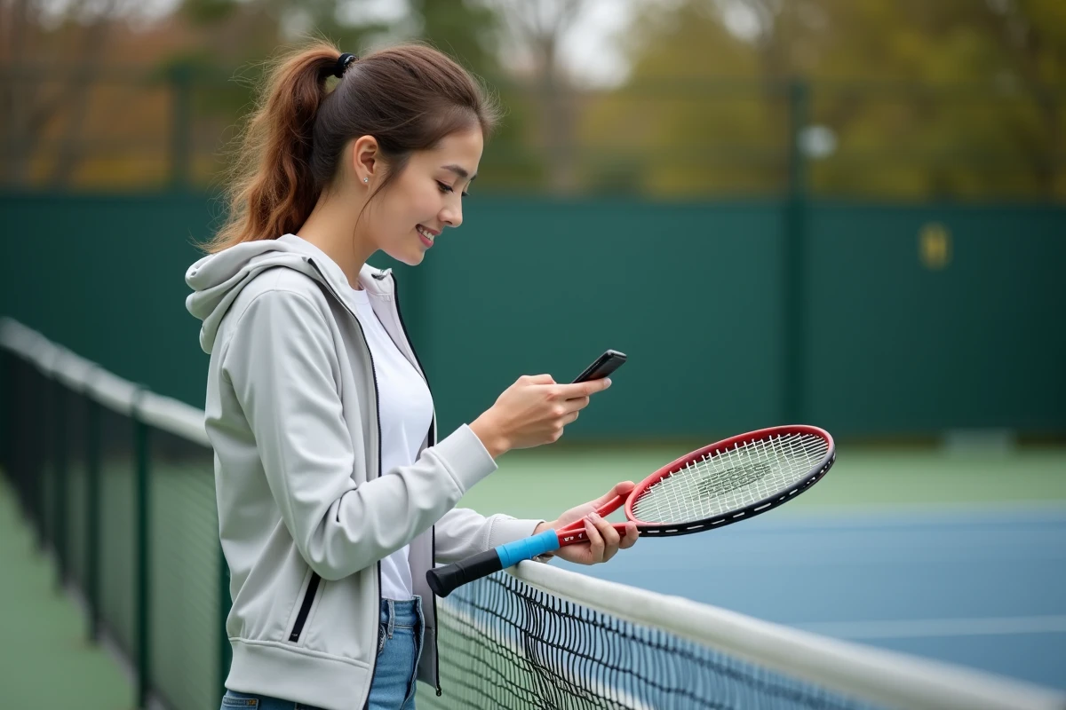 Jeune femme photographiant le numéro de série de sa raquette