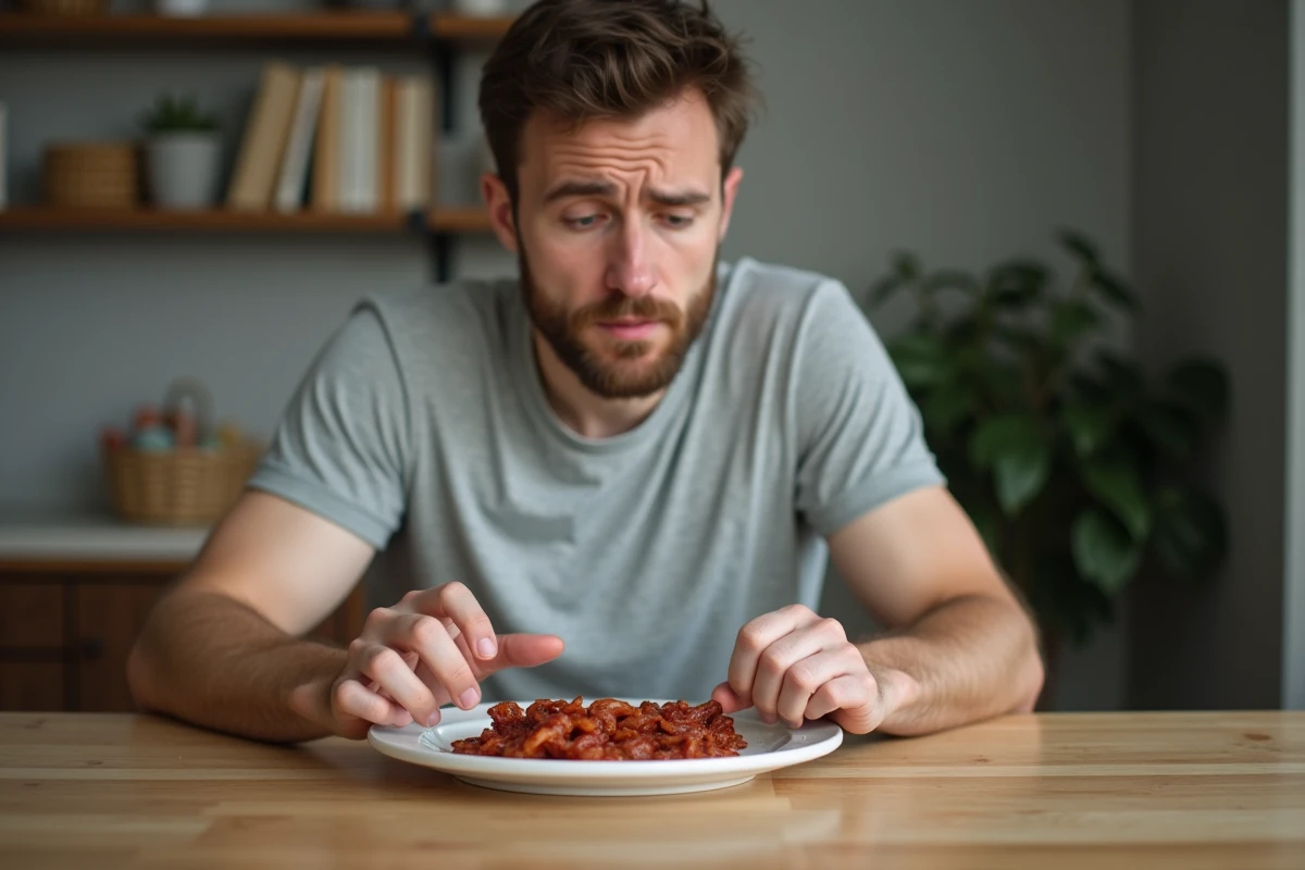 Jeune homme inspectant des lardons sur une assiette