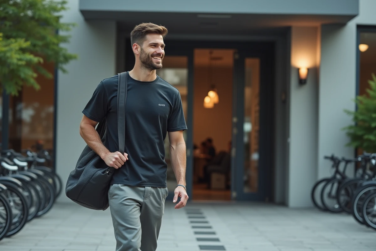 Homme sortant du gym avec sac de sport en ville