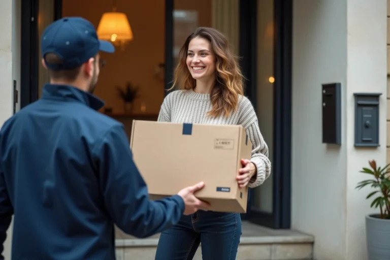 Jeune femme recevant un colis Asos livré par un transporteur devant son immeuble parisien
