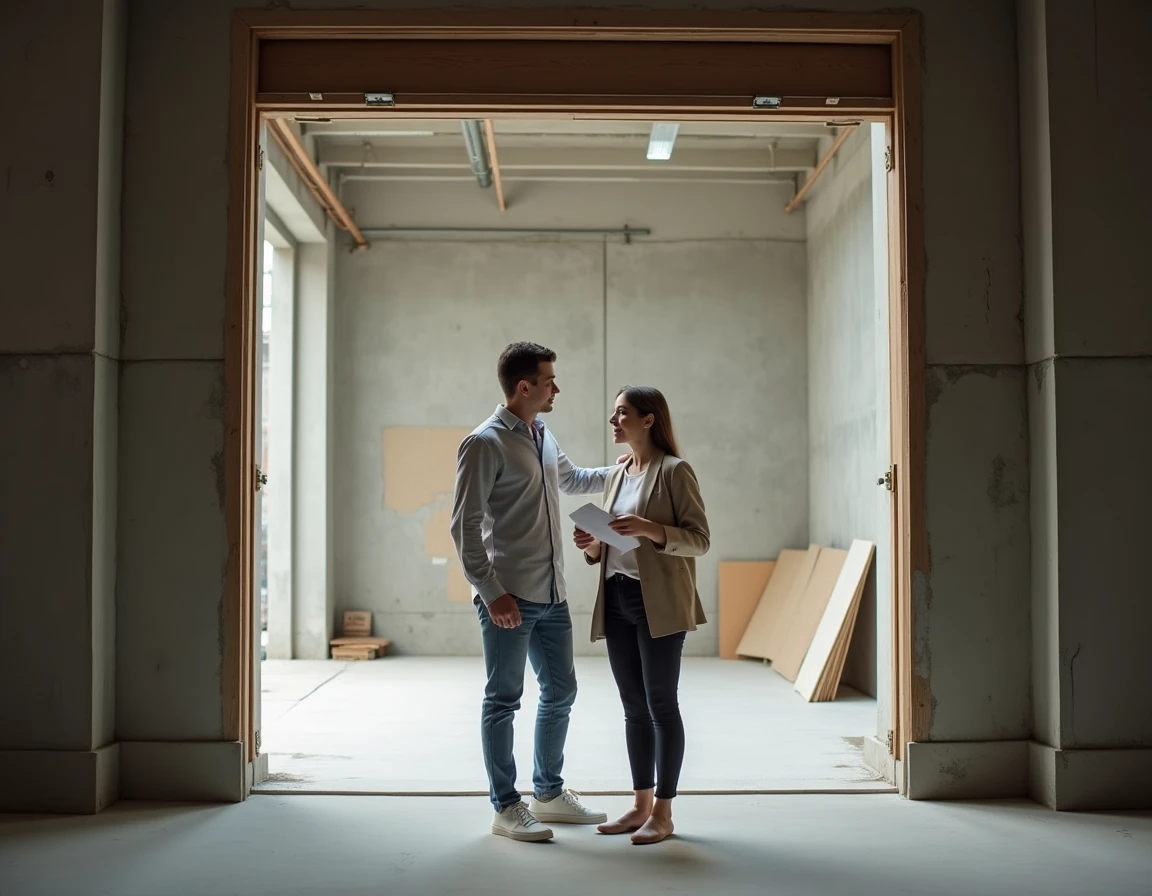 Deux entrepreneurs inspectant un local commercial vide pour l'ouverture d'une micro crèche
