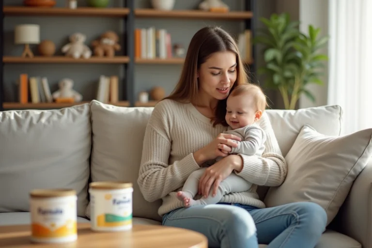 Jeune maman souriante avec bébé dans un salon lumineux