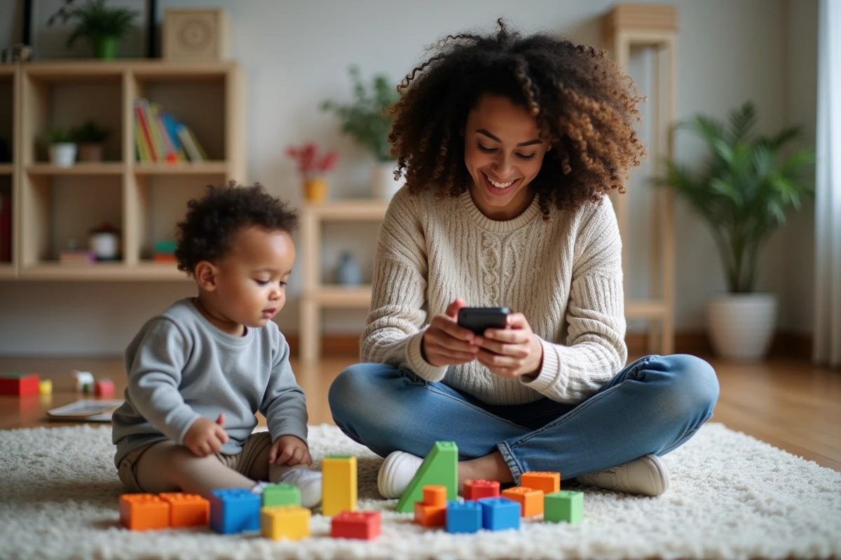 Jeune maman souriante avec son enfant jouant dans le salon