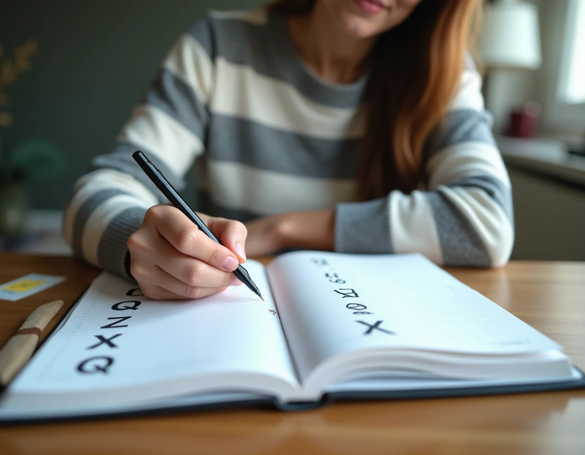 Une femme mémorisant des listes de mots courts avec des lettres à haute valeur pour le Scrabble dans un carnet