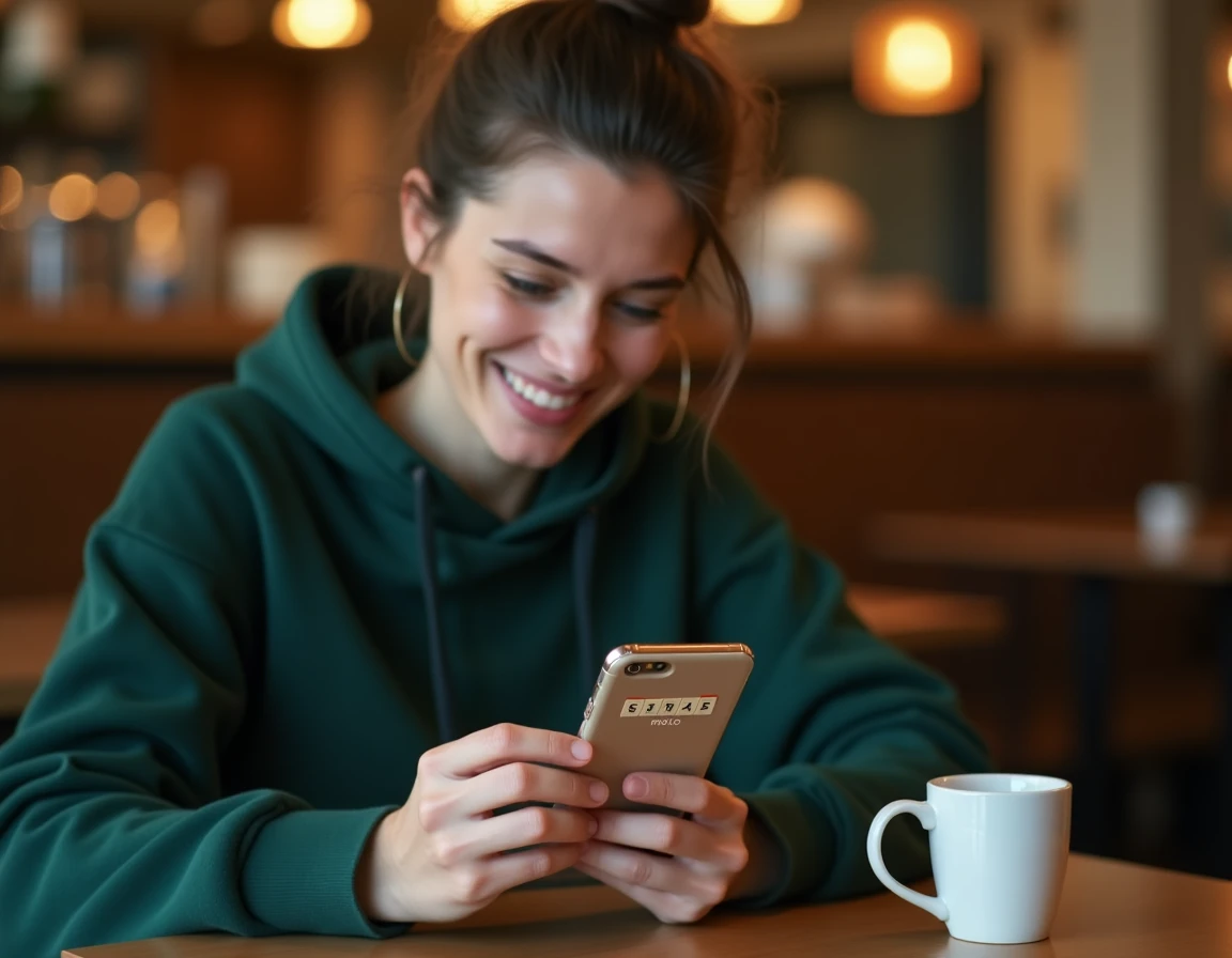 Une femme jouant seule en mode solo sur une application Scrabble pour tester des placements risqués