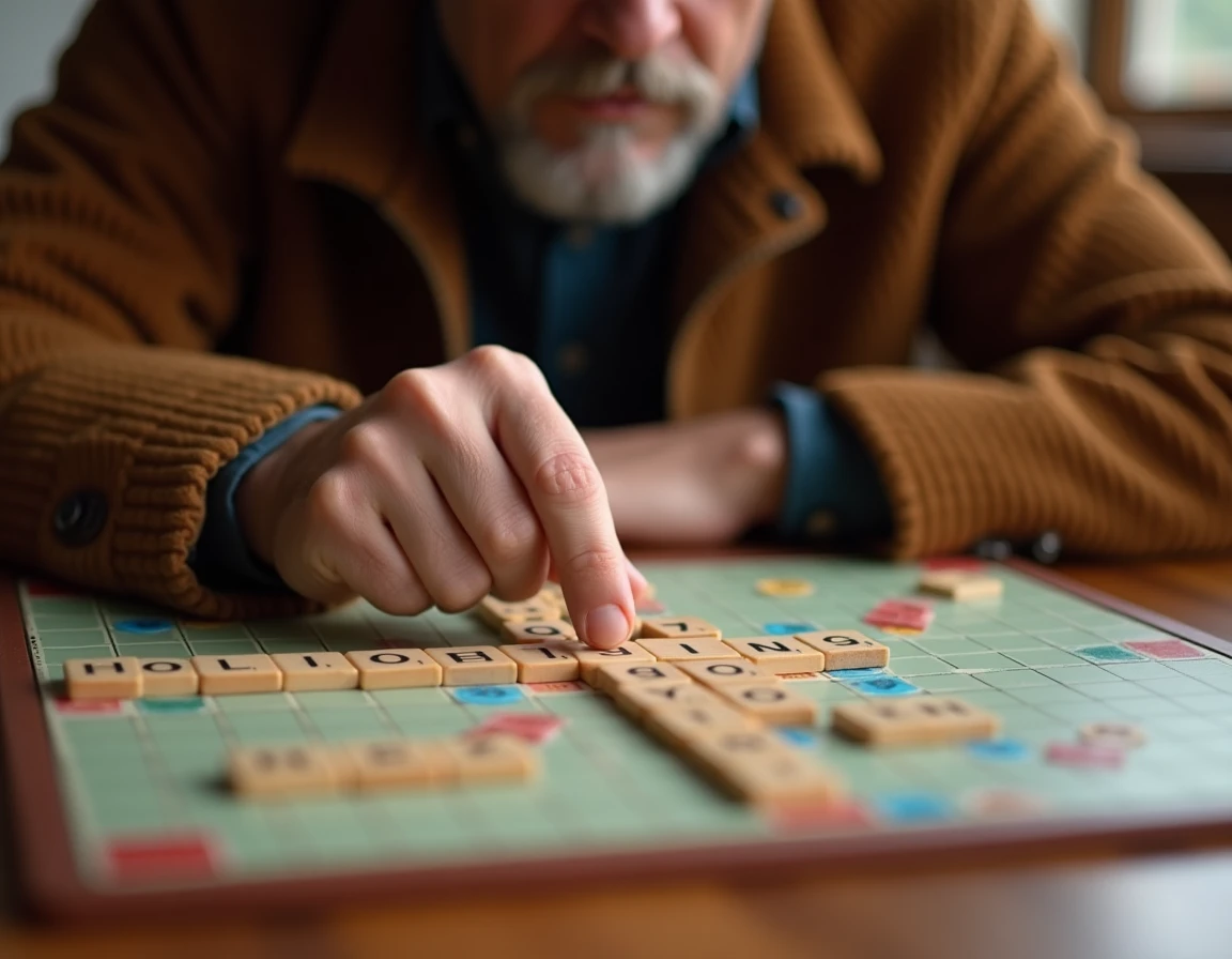 Un homme plaçant des mots en parallèle sur un plateau de Scrabble pour maximiser les points