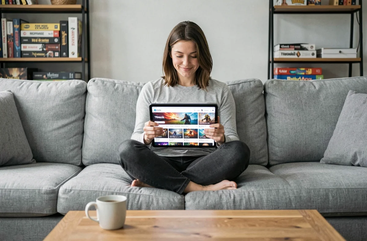 Femme naviguant sur les pages du site Coolgame depuis une tablette dans un salon moderne