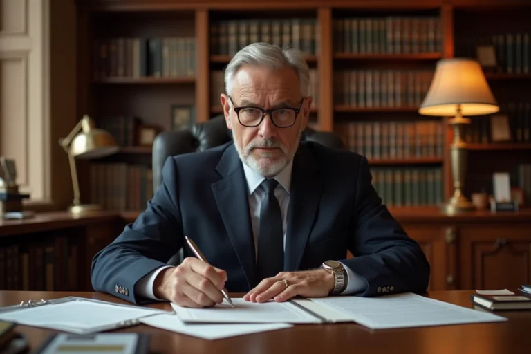 Notaire en costume marine examinant un contrat immobilier dans son bureau
