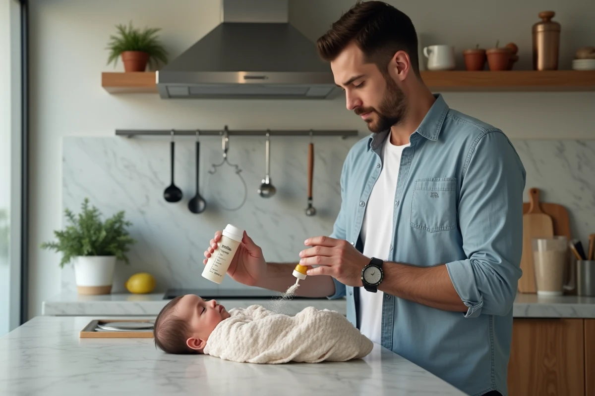Papa versant du lait en poudre dans un biberon en cuisine