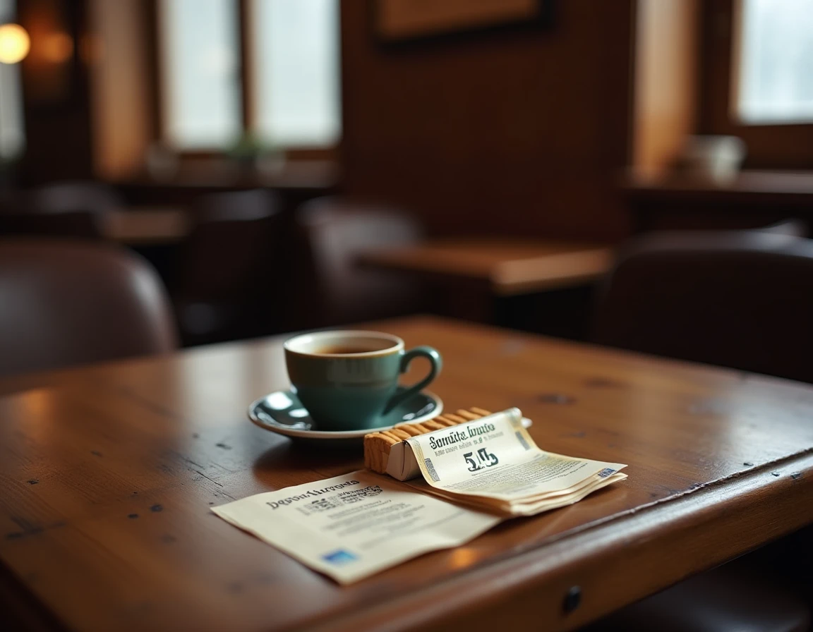 Paquet de cigarettes et reçu de prix sur une table de café bruxellois
