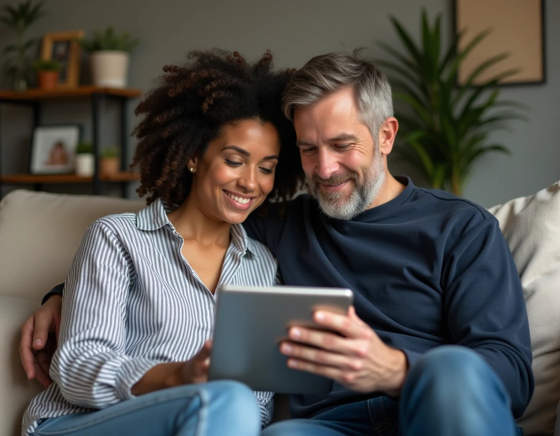 Couple de parents isolés en train de planifier leur quotidien ensemble dans un salon familial chaleureux