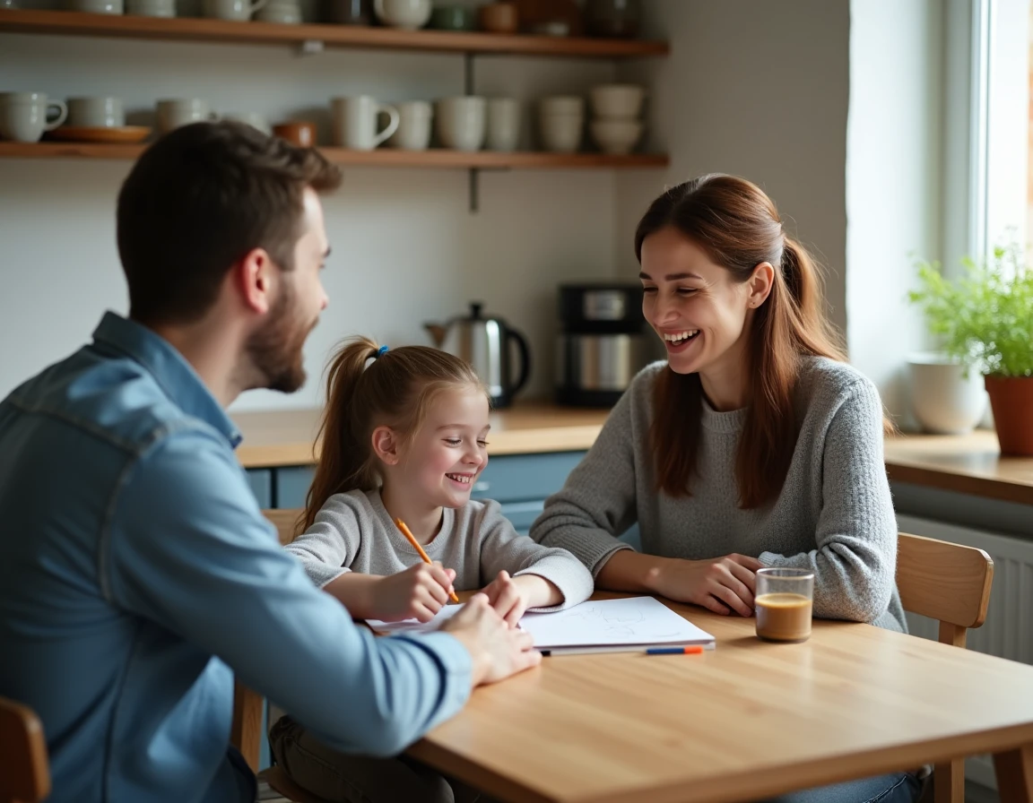 Parent isolé qui reconstruit sa vie de couple à la maison avec son enfant autour d'une table de cuisine conviviale
