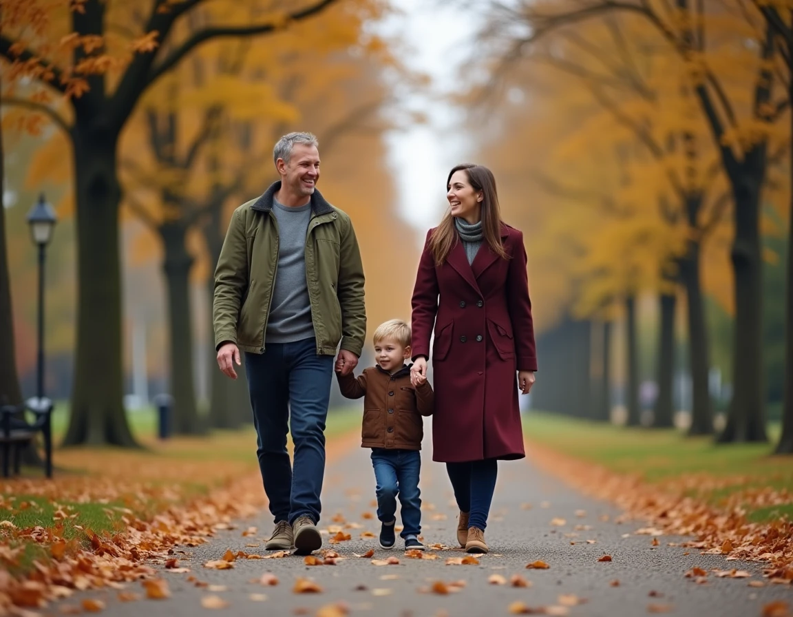 Père isolé se promenant en famille recomposée dans un parc en automne avec son enfant et sa nouvelle partenaire