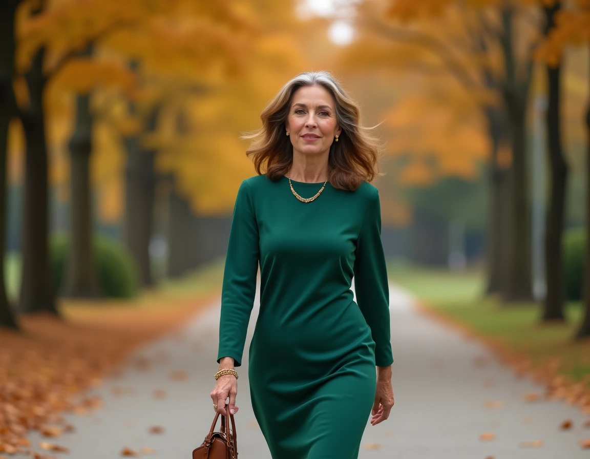 Belle femme de 60 ans marchant avec élégance dans un parc en automne, tenue verte élégante, allure séduisante et confiante