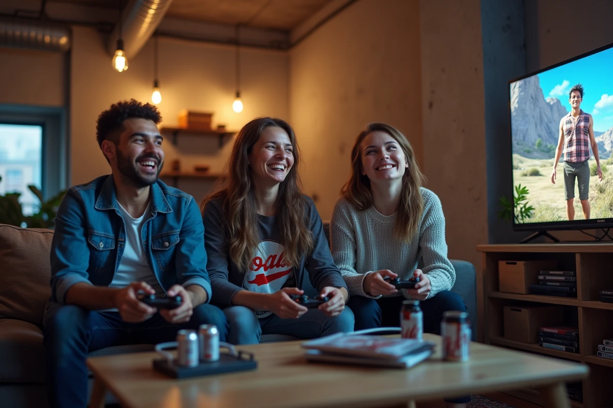 Groupe d'amis geeks réunis pour une soirée jeux vidéo dans un loft moderne avec TV 4K et manettes sans fil