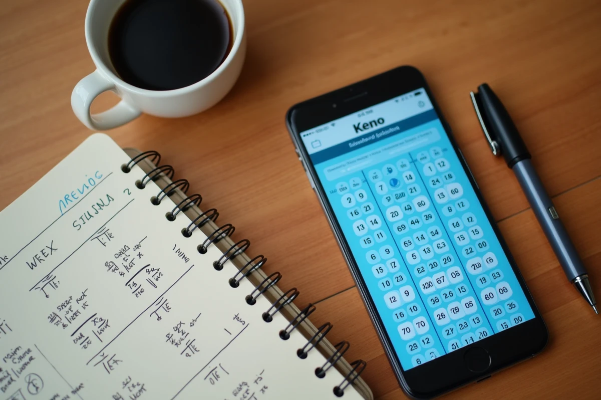 Vue aérienne d'un bureau avec smartphone affichant les statistiques des tirages Keno et notes manuscrites