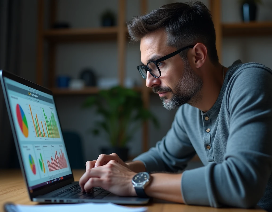 Un homme analysant des statistiques en temps réel sur son ordinateur pour ajuster sa stratégie au Scrabble