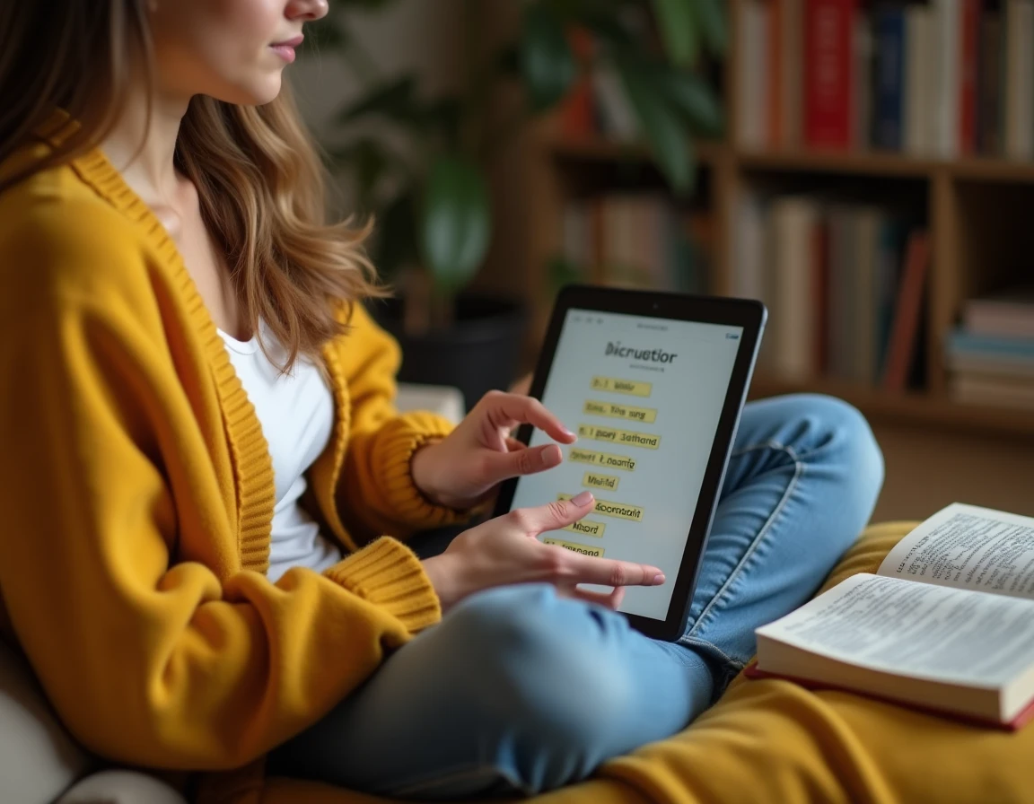 Une jeune femme consultant des suggestions de mots sur une tablette pour apprendre de nouveaux mots au Scrabble