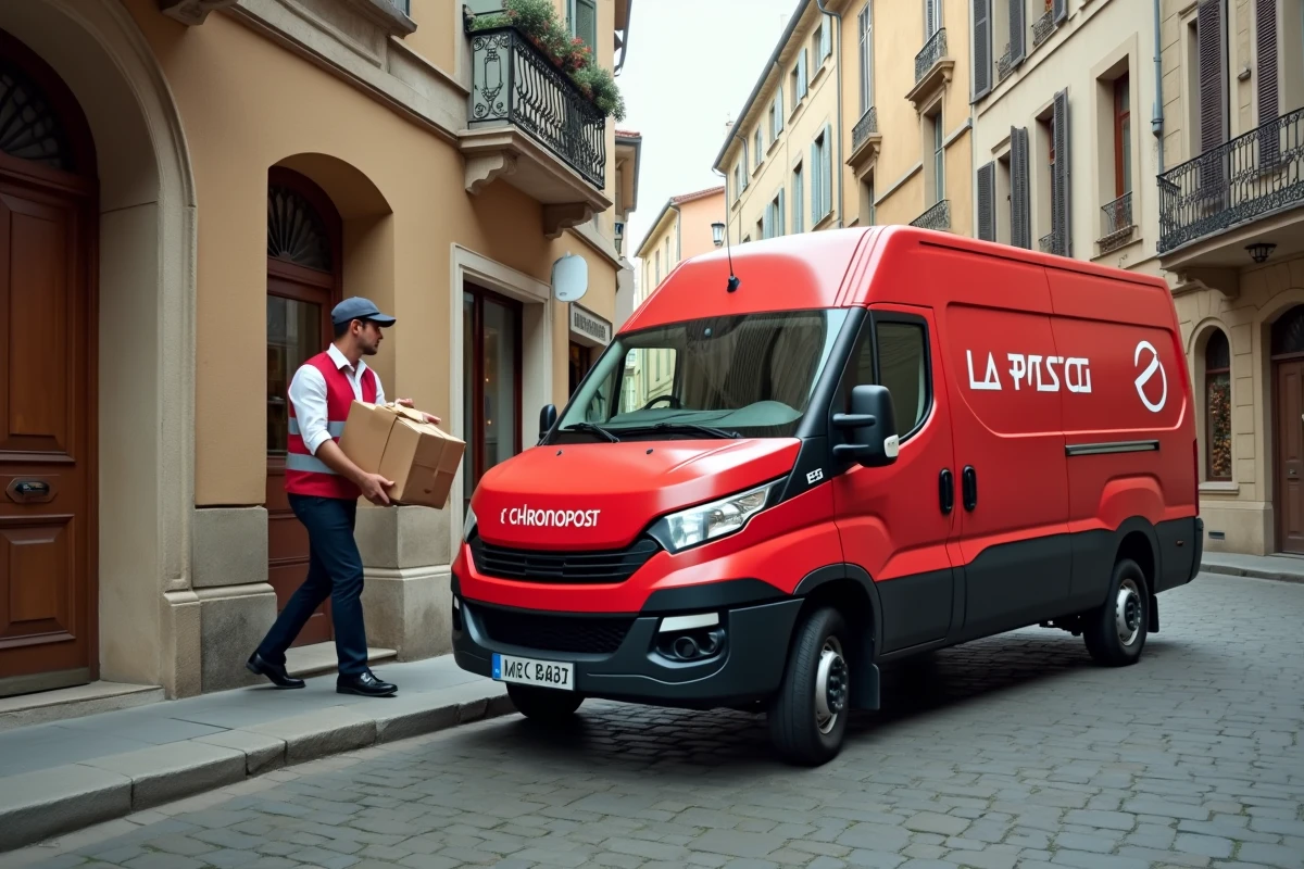 Camion de livraison transporteur déposant des colis dans une rue typique d'une ville française