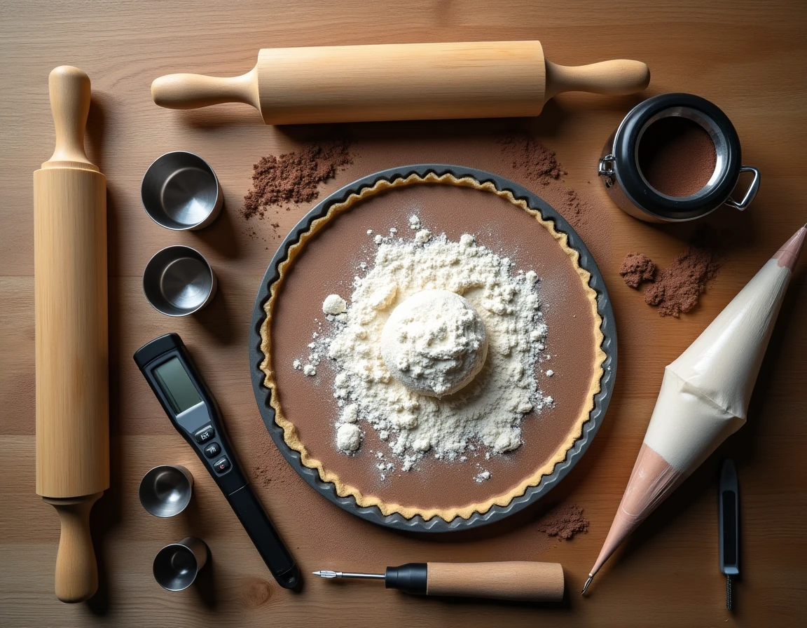 Vue aérienne des ustensiles indispensables pour la pâtisserie maison disposés sur une surface en bois rustique
